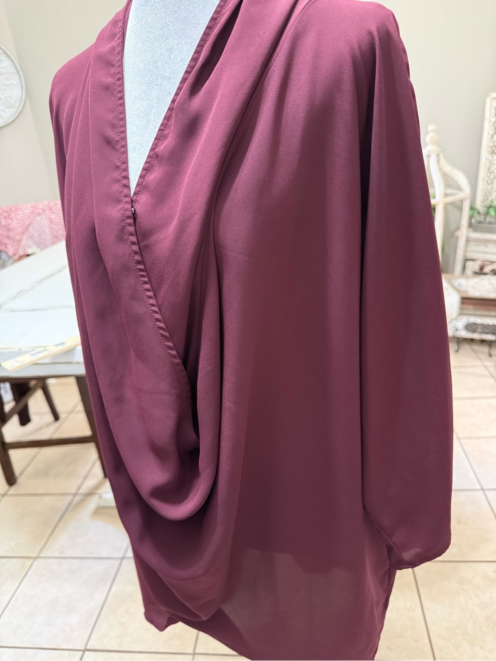 Cato Burgundy Oversized Draped Cowl Neck Boho Tunic Blouse M/L - Picture 4 of 12